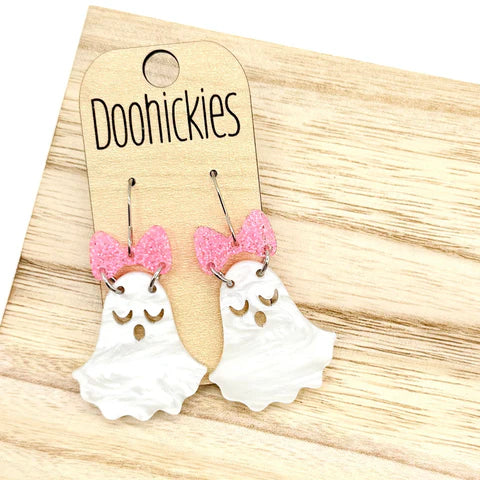 1.25" Glittery Bow Ghost Dangle Collection - Halloween Earrings