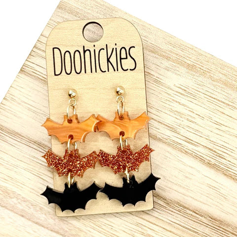 2" Orange and Black Triple Bat Dangles - Halloween Acrylic Earrings