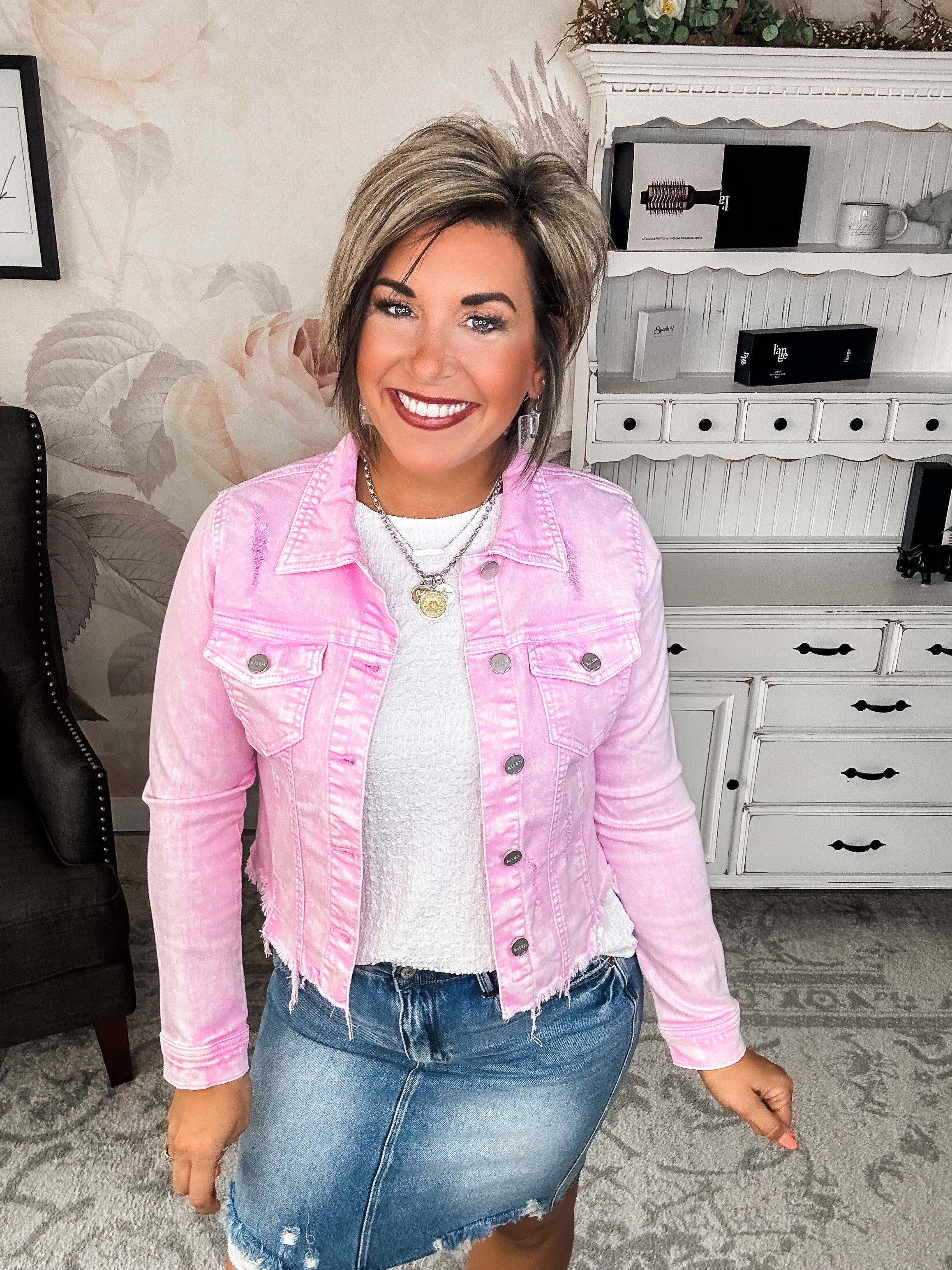 Make Me Happy Fray Hem Color Jean Jacket - Acid Wash Pink