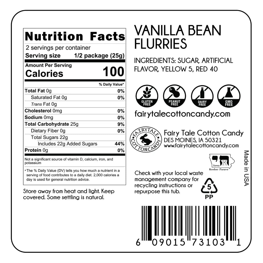 Ingredients: Sugar, Artificial flavor, Yellow 5, Red 40
Nutrition Facts:
2 servings per container, calories 100, total fat 0g, cholesterol 0mg, sodium 0mg, total carbohydrate 25g, dietary fiber 0g, total sugars 22g includes 22g added sugars, protein 0g
Store away from heat and light. Keep covered. Some settling is natural. 
Gluten free, peanut free, diary free and GMO free. 