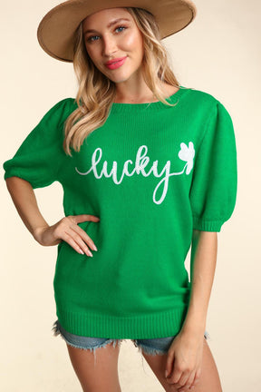 Lucky Shamrock Puff Sleeve Sweater