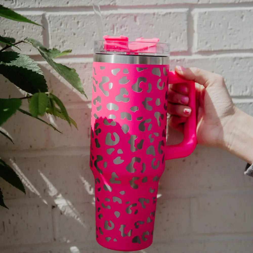 Hot Pink Metallic Leopard Tumbler Cup with Handle - 40oz