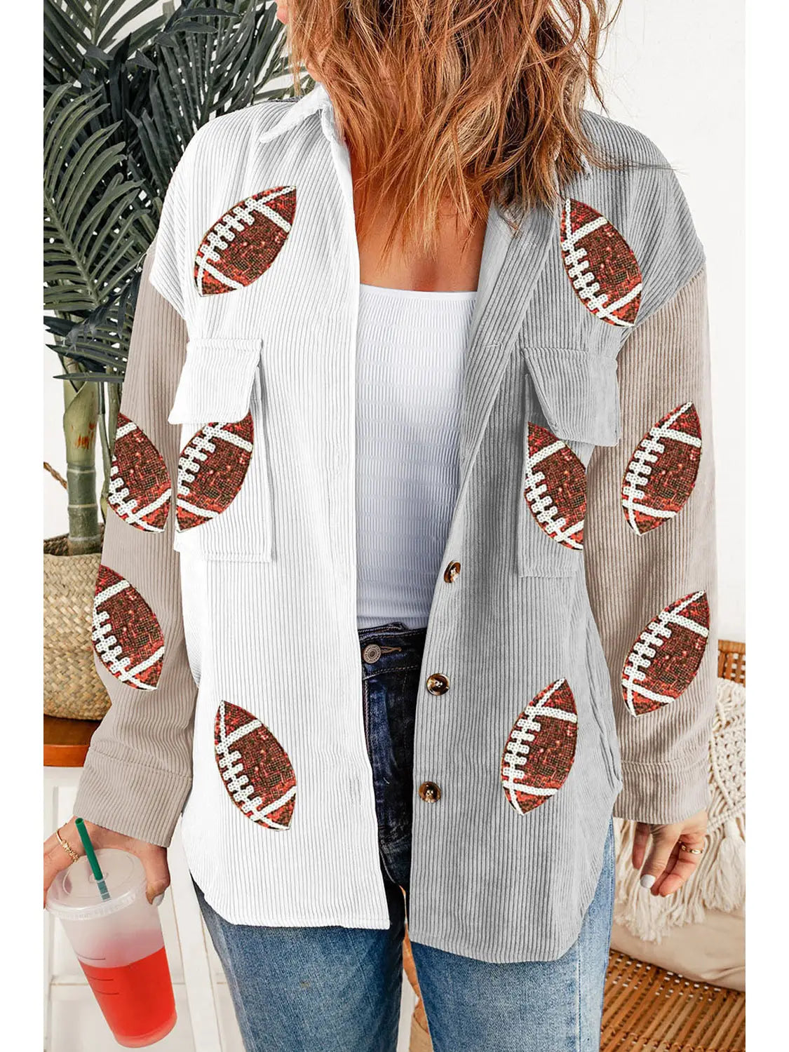 Toss the Sequin Football Corduroy Shacket