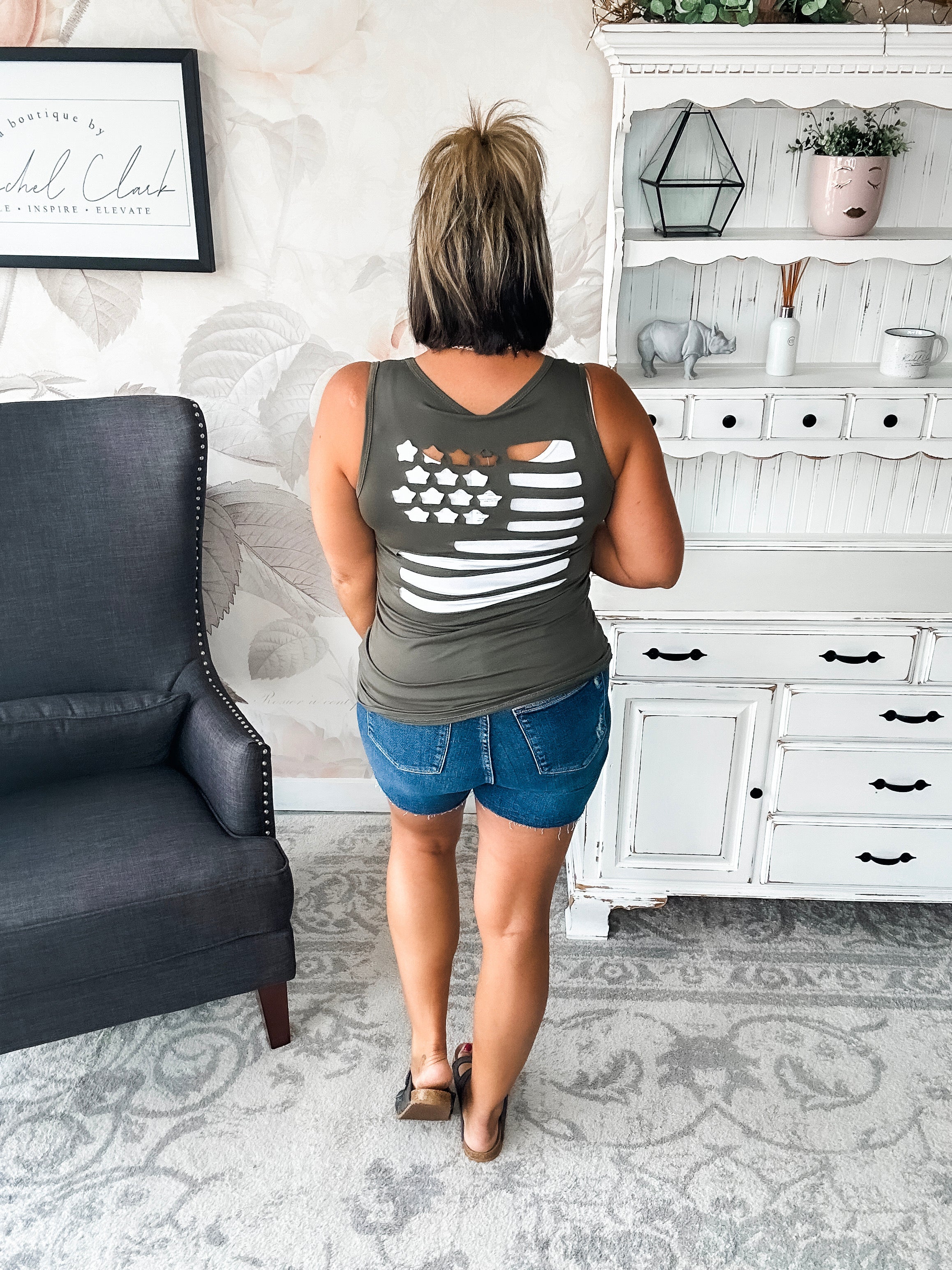 American Flag Laser Cut Tank - Olive