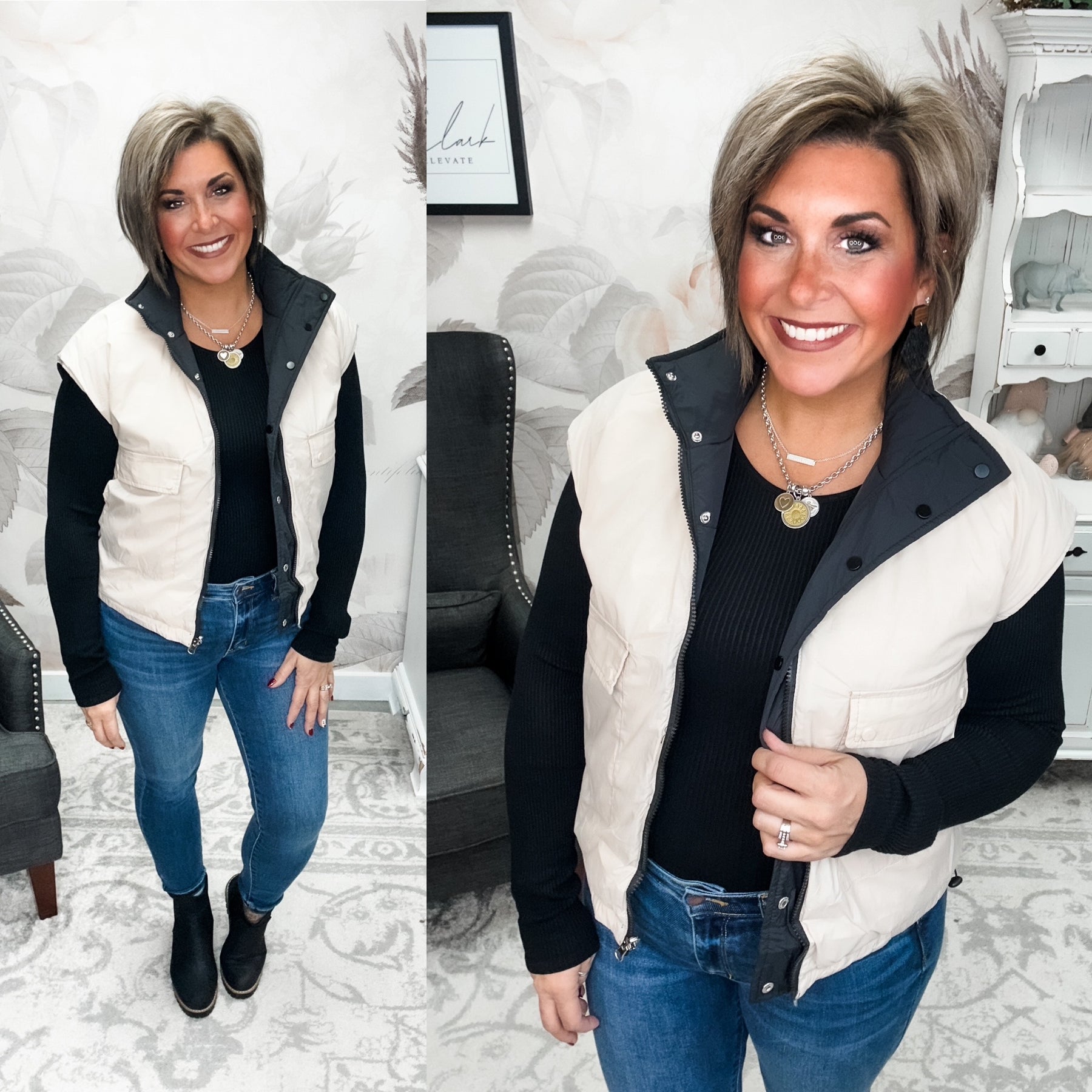 Stay Out All Night Reversible Puffer Vest - Black/Ivory