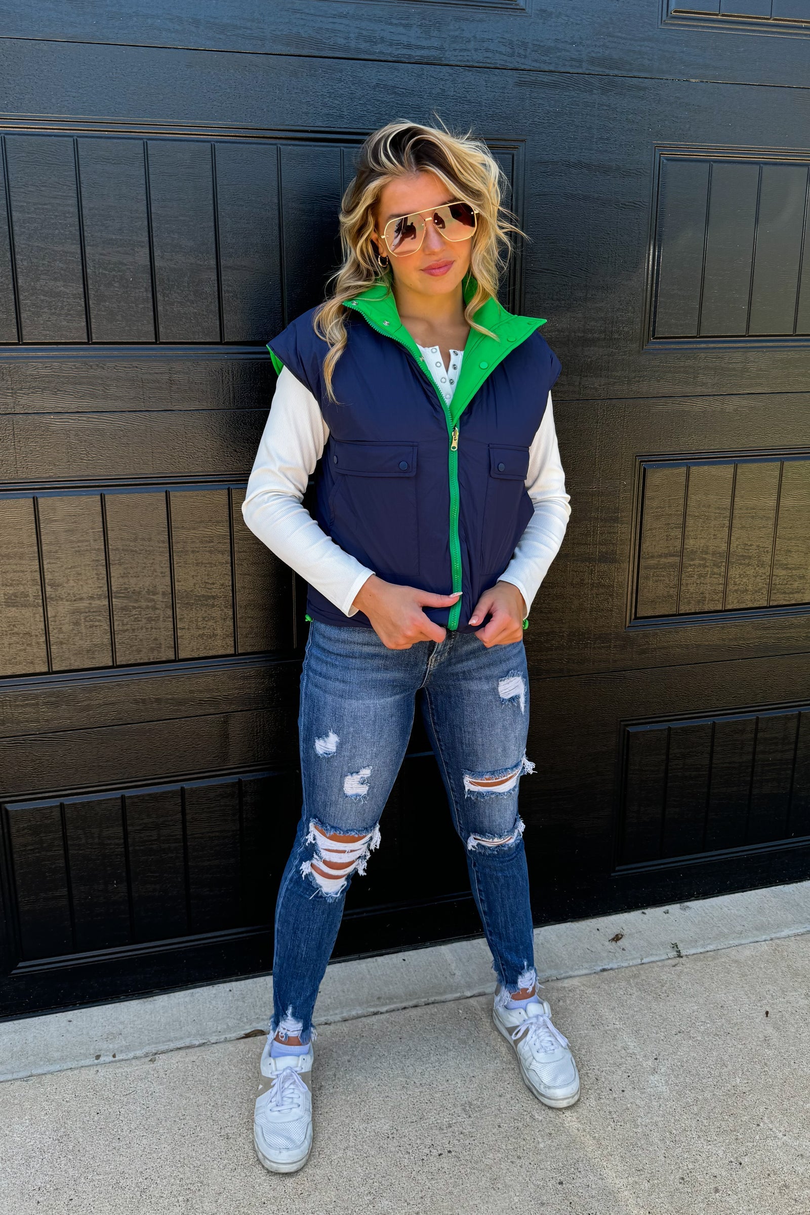 Stay Out All Night Reversible Puffer Vest - Navy/Green