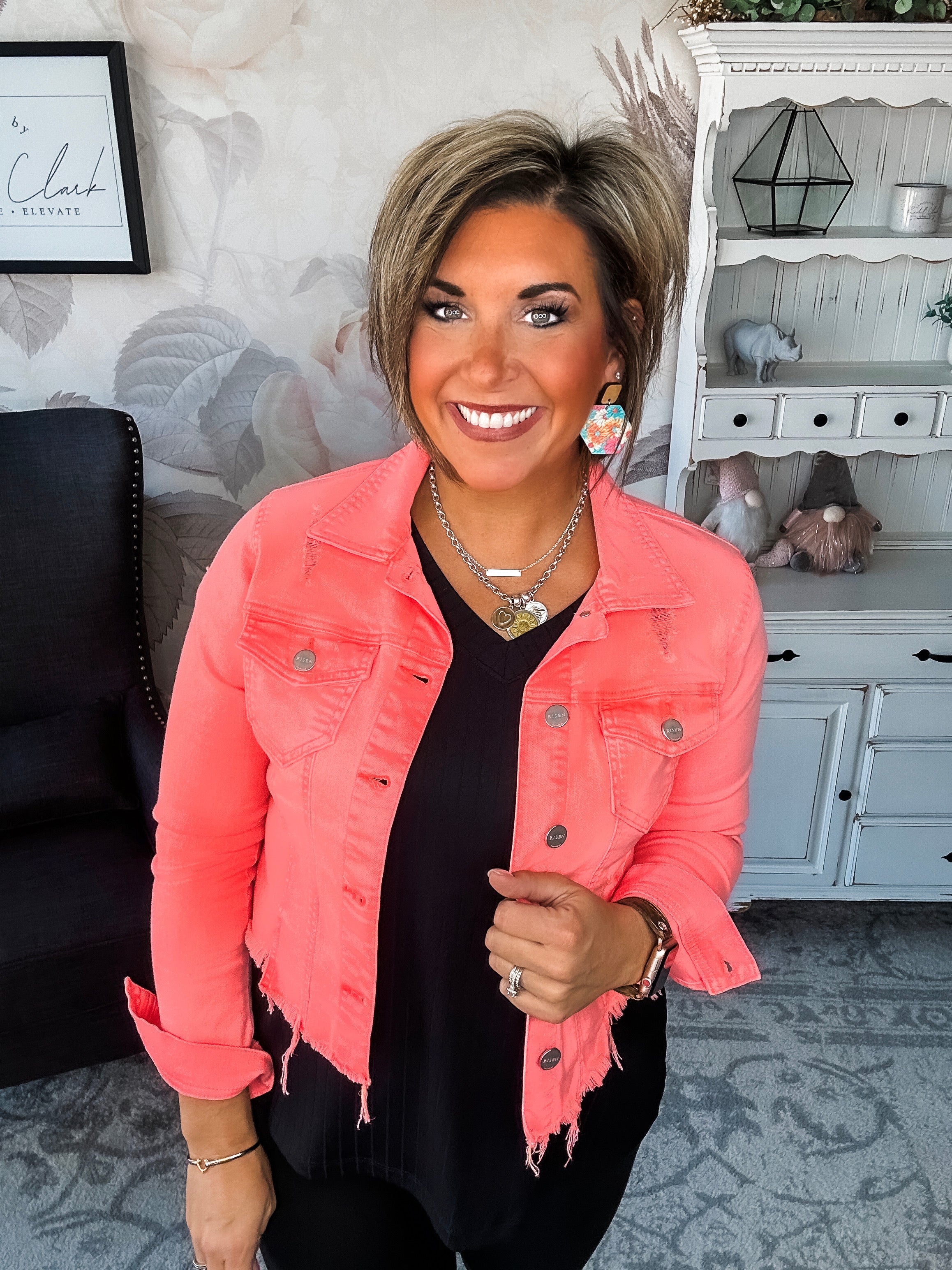 Make Me Happy Fray Hem Color Jean Jacket - Coral