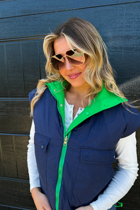 Stay Out All Night Reversible Puffer Vest - Navy/Green