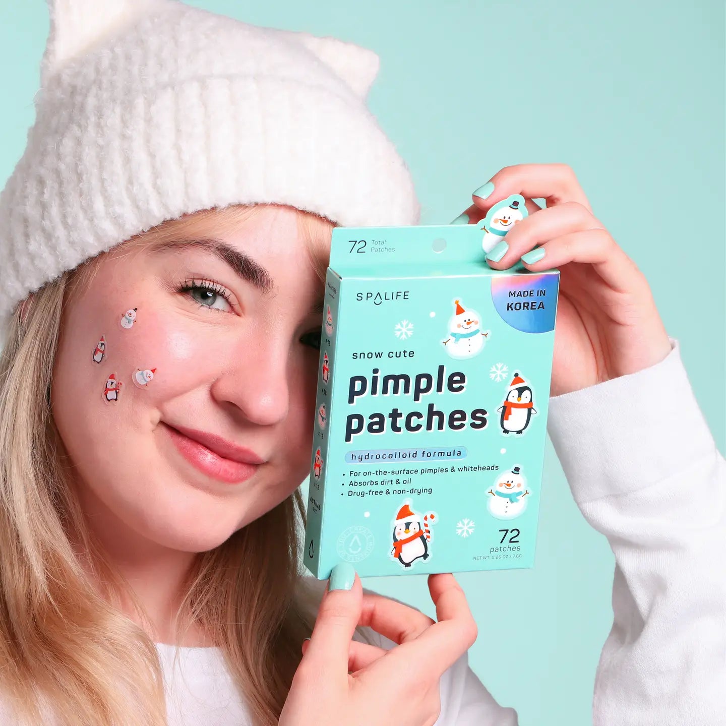 Snow Cute Pimple Patches
hydrocolloid formula 
For on the surface pimples and whiteheads
Absorbs dirt and oil 
Drug free and non drying
72 patches