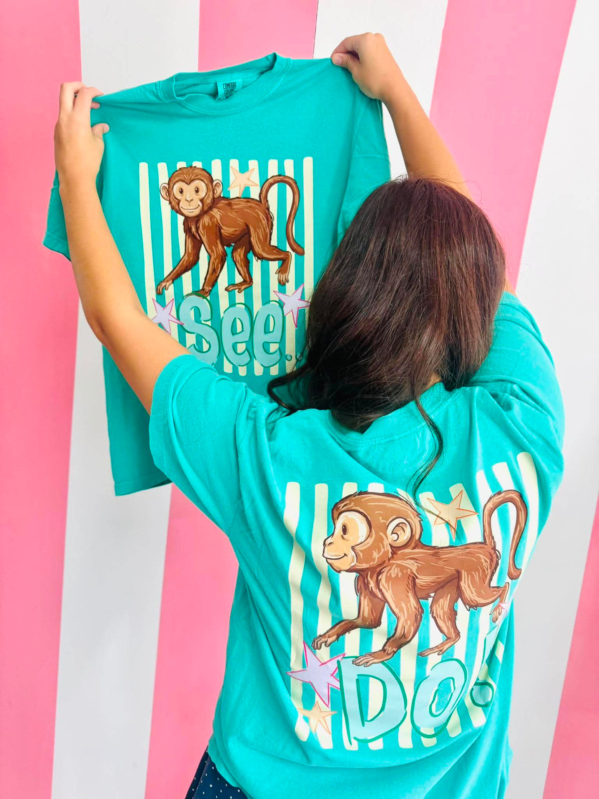 Pink Backpack Monkey Monkey See, Monkey Do Front and Back DTF graphic