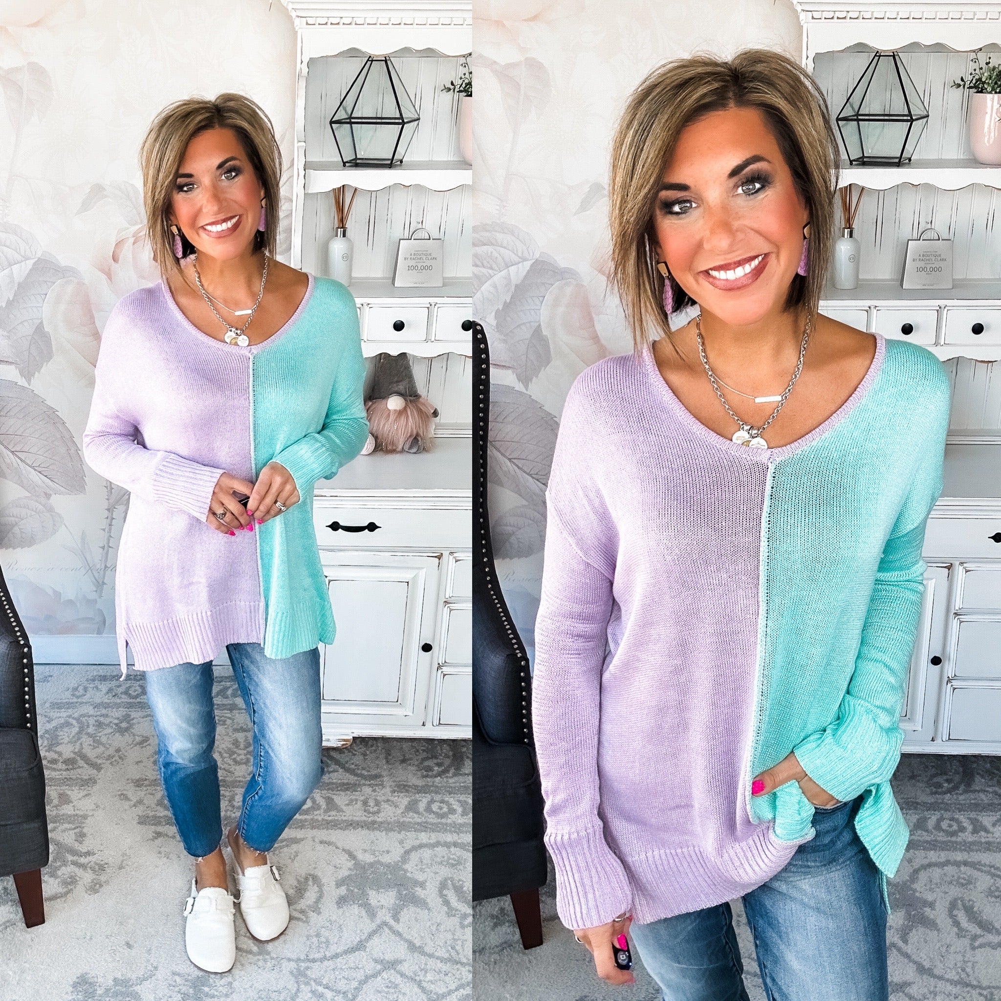 Don't Hide Now Colorblock Sweater - Lavender/Mint