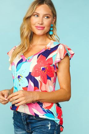 Just For Us Ruffle Sleeve Top - Floral