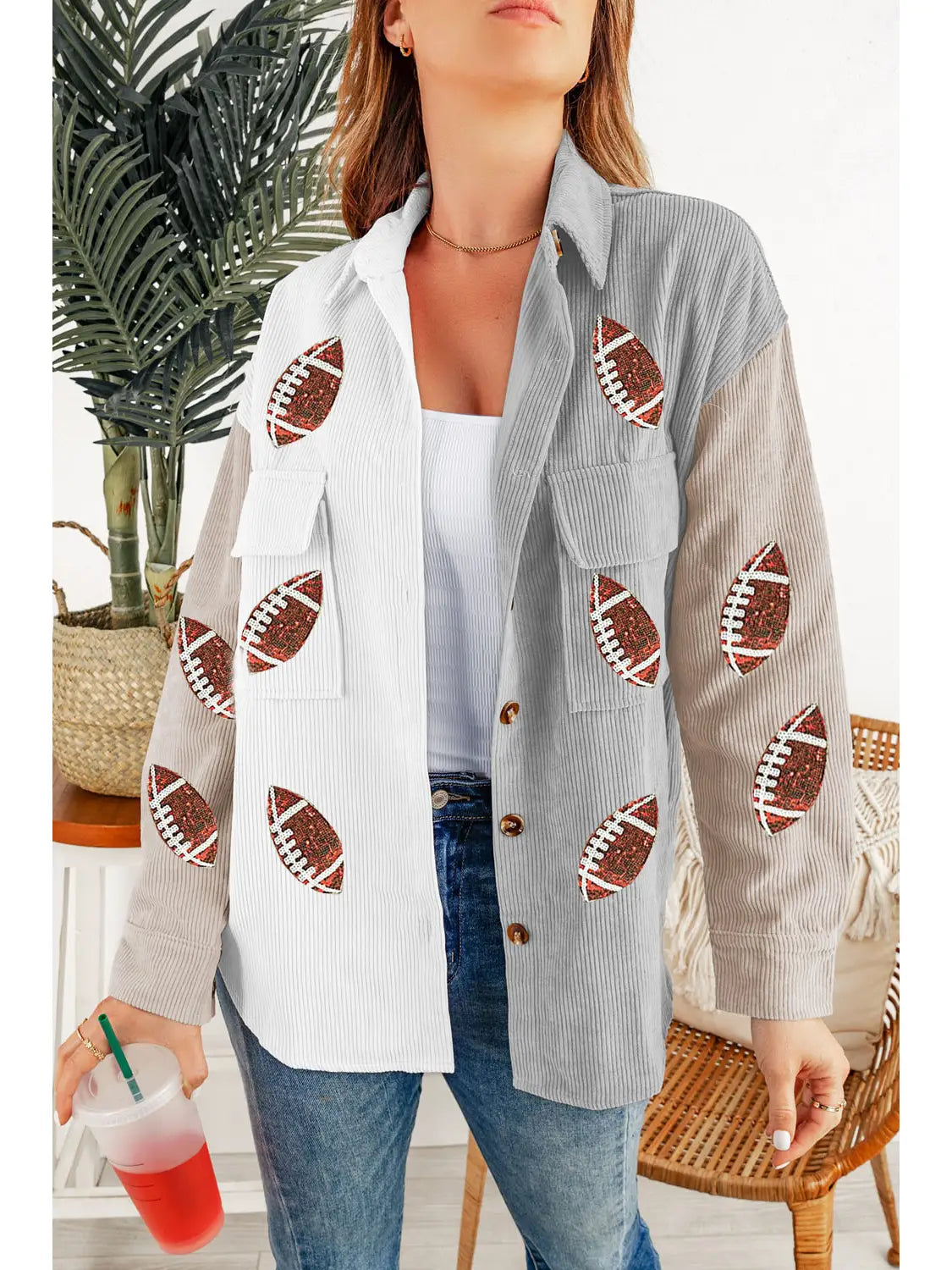 Toss the Sequin Football Corduroy Shacket