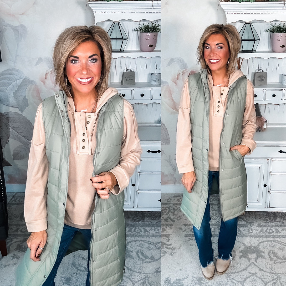 Broken Heart Long Puffer Vest - Olive