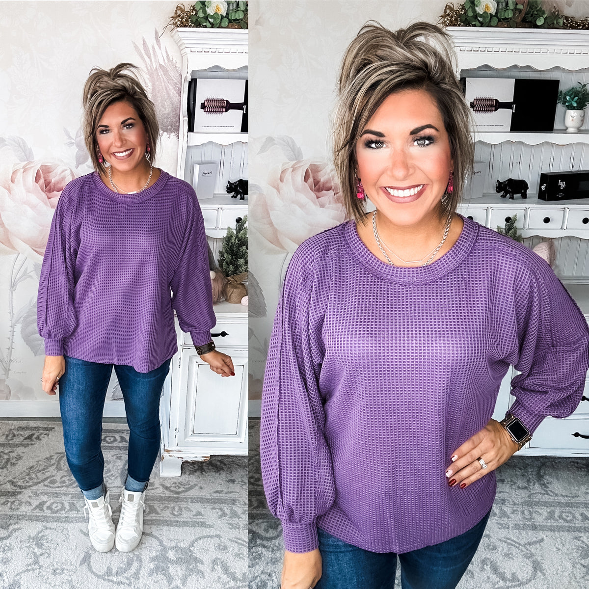 Too Much Fun Waffle Knit Top - Purple