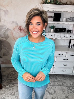 Be The Queen Ribbed Top - Turquoise
