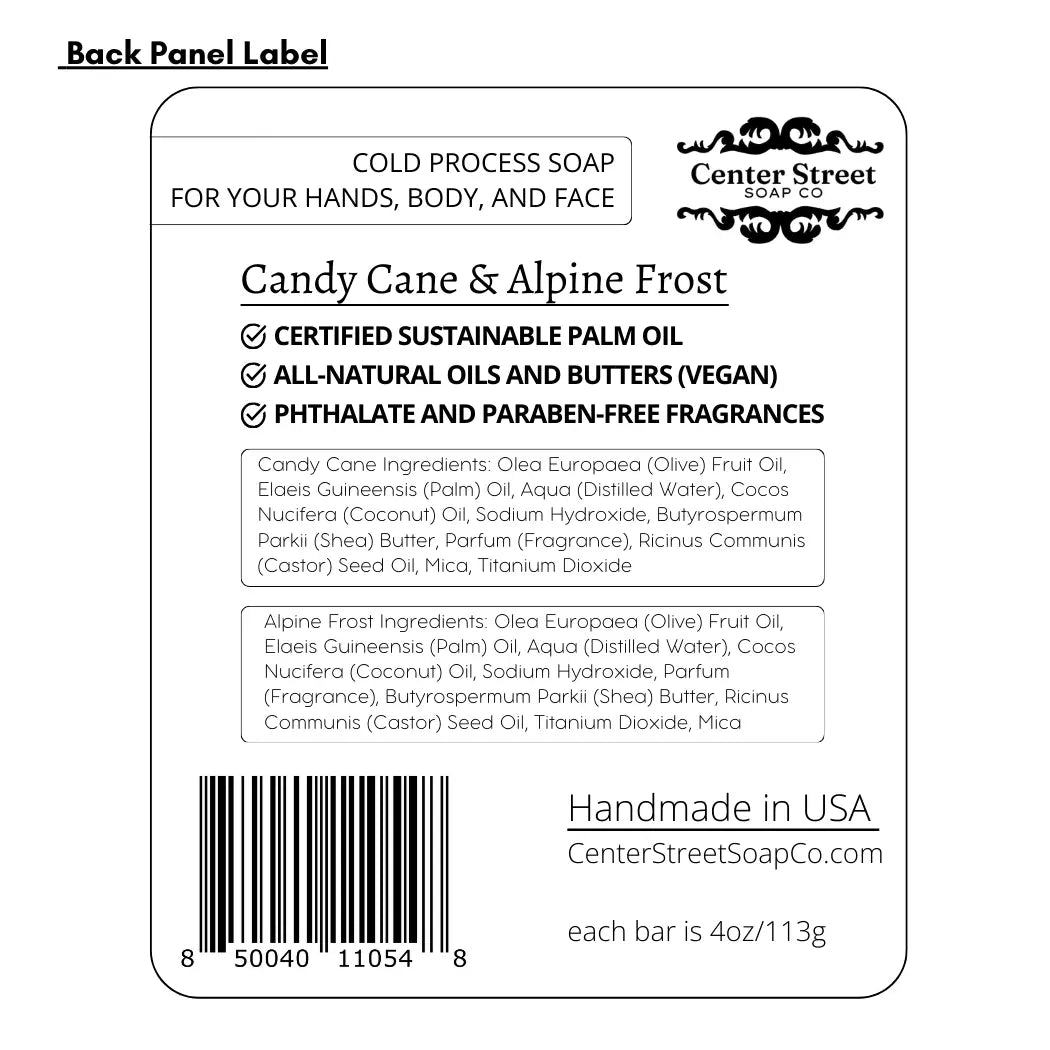 Cold Process Soap for your hands, body and face
Candy Cane and Alpine Frost
Certified sustainable palm oil, all natural oils and butters (vegan), phthalate and paraben free fragrances
Ingredients: Olive Fruit Oil, Palm Oil, Distilled Water, Coconut Oil, Sodium Hydroxide, Shea Butter, Fragrance, Castor See Oil, Mica, Titanium Dioxide