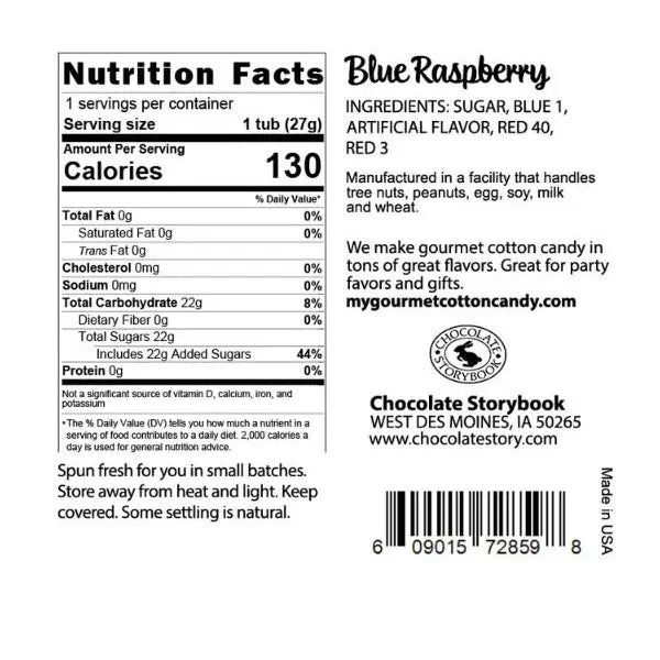 Ingredients: Sugar, Blue 1, Artificial Flavor, Red 40, Red 3
Nutrition Facts: 1 serving per container
Calories 100, total fat 0g, cholesterol 0mg, sodium 0mg, total carbohydrate 22g, dietary fiber0g, total sugars 22g includes 22g added sugars, protein 0g.
Spun fresh for you in small batches. Store away from heat and light. Keep covered. Some settling is natural. 
Manufactured in a facility that handles tree buts, peanuts, egg, soy, milk and wheat. 