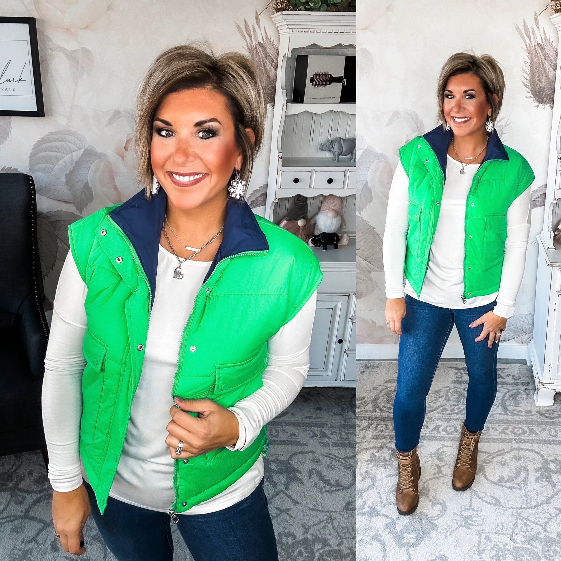 Stay Out All Night Reversible Puffer Vest - Navy/Green