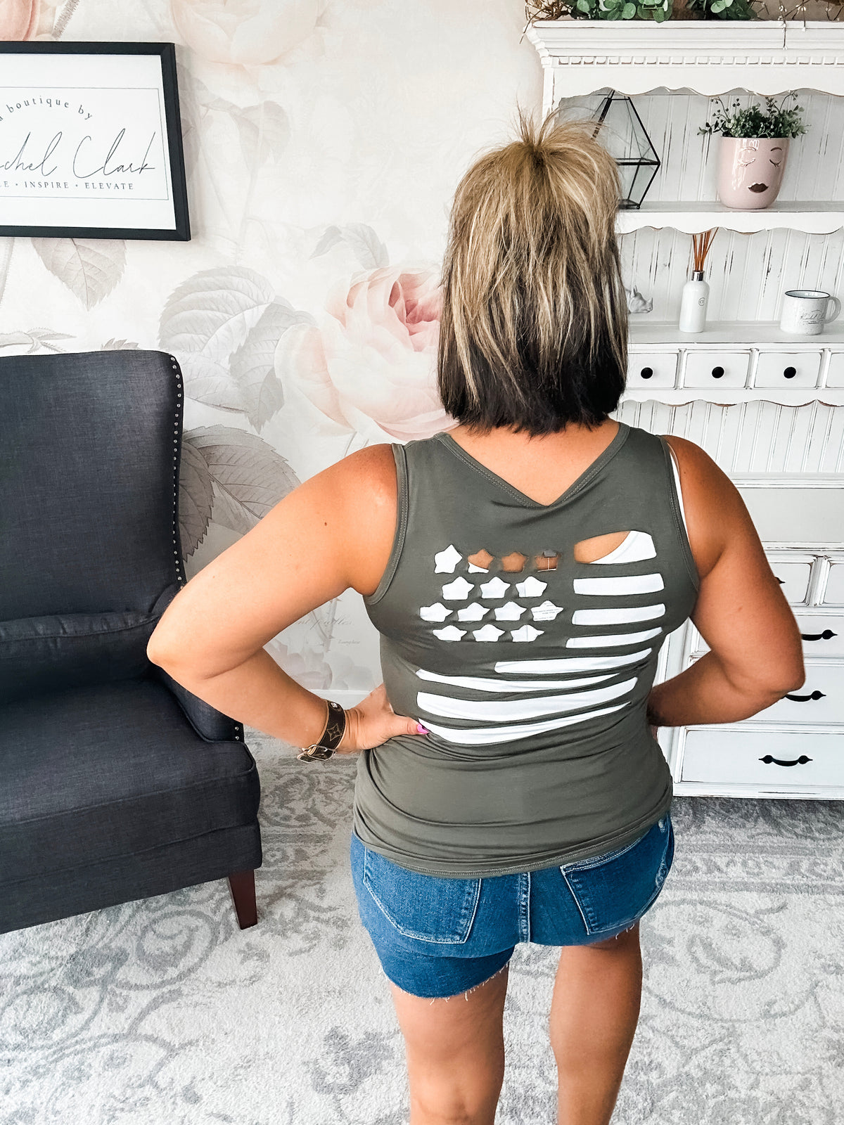 American Flag Laser Cut Tank - Olive