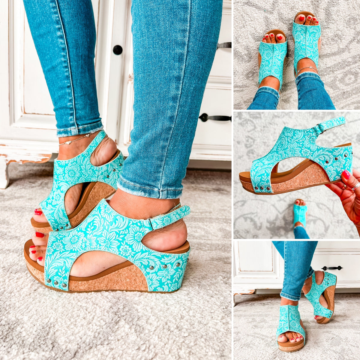 Isabella Tooled Wedge Sandal - Turquoise