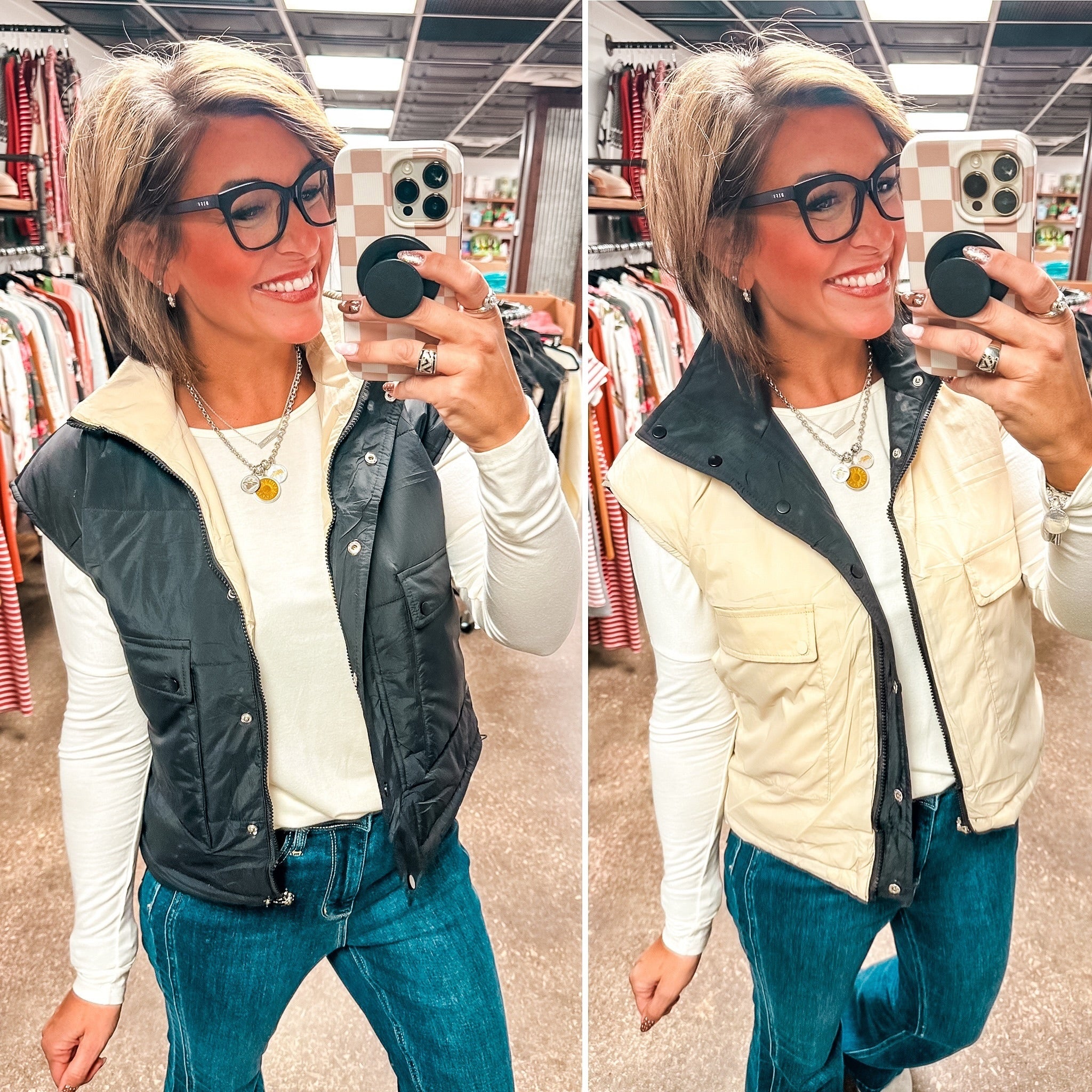 Stay Out All Night Reversible Puffer Vest - Black/Ivory