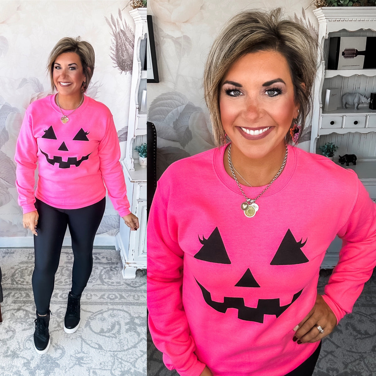 Pumpkin Face Sweatshirt - Hot Pink