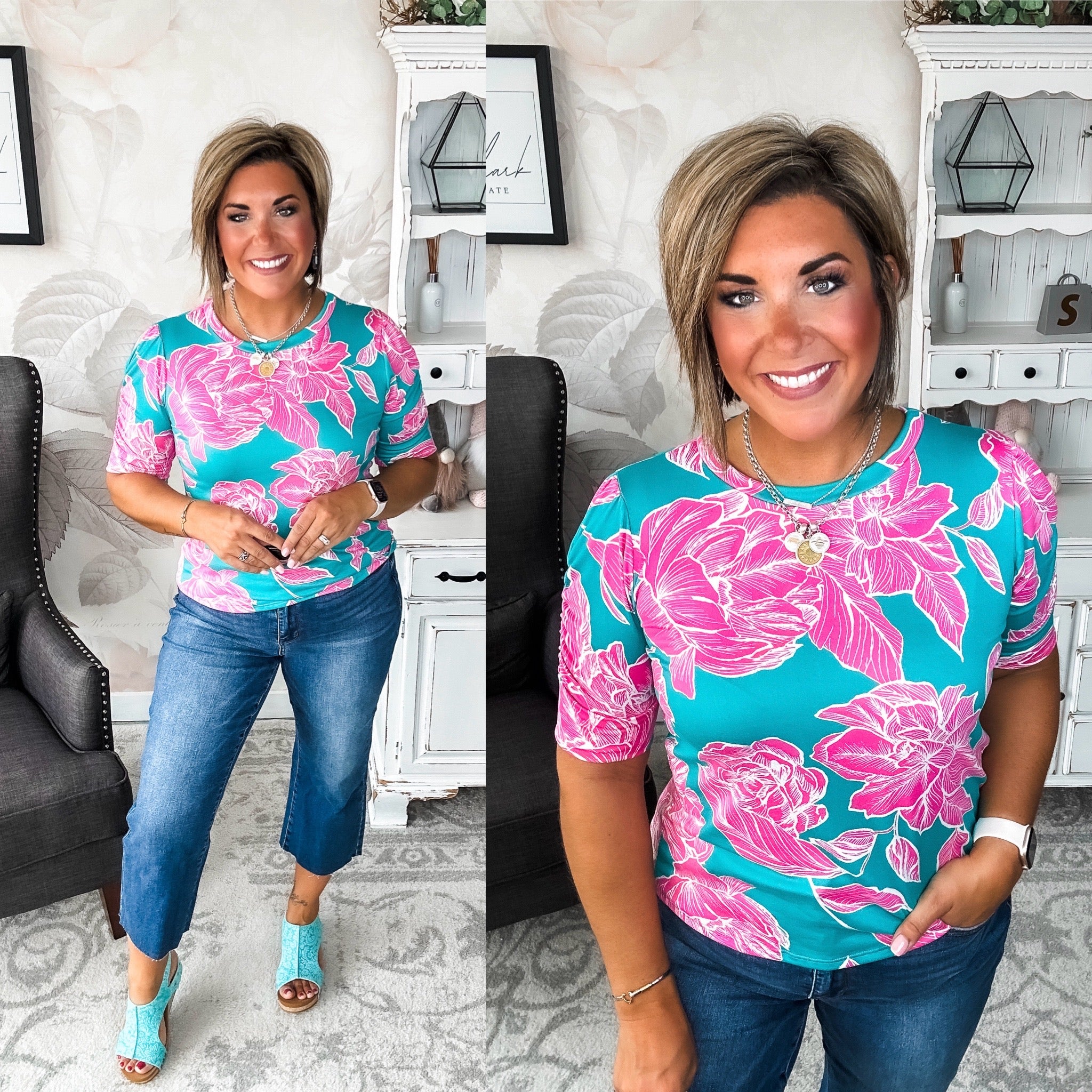 Enchanted To Meet You Top - Teal & Pink