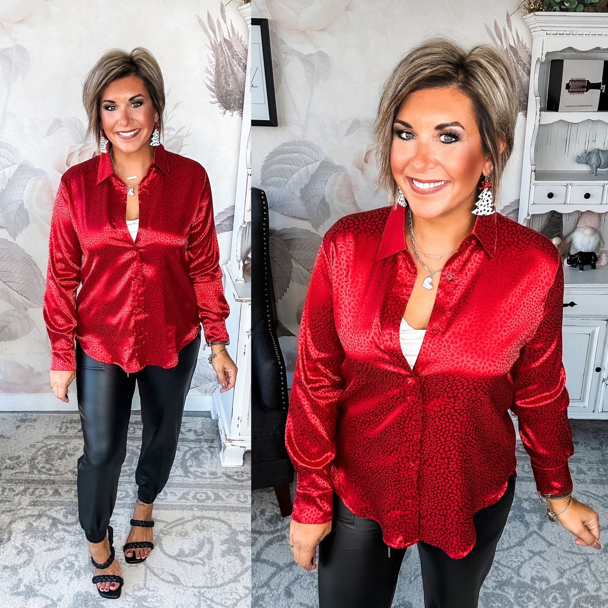 Stars Align Ditzy Dot Button Down - Ruby