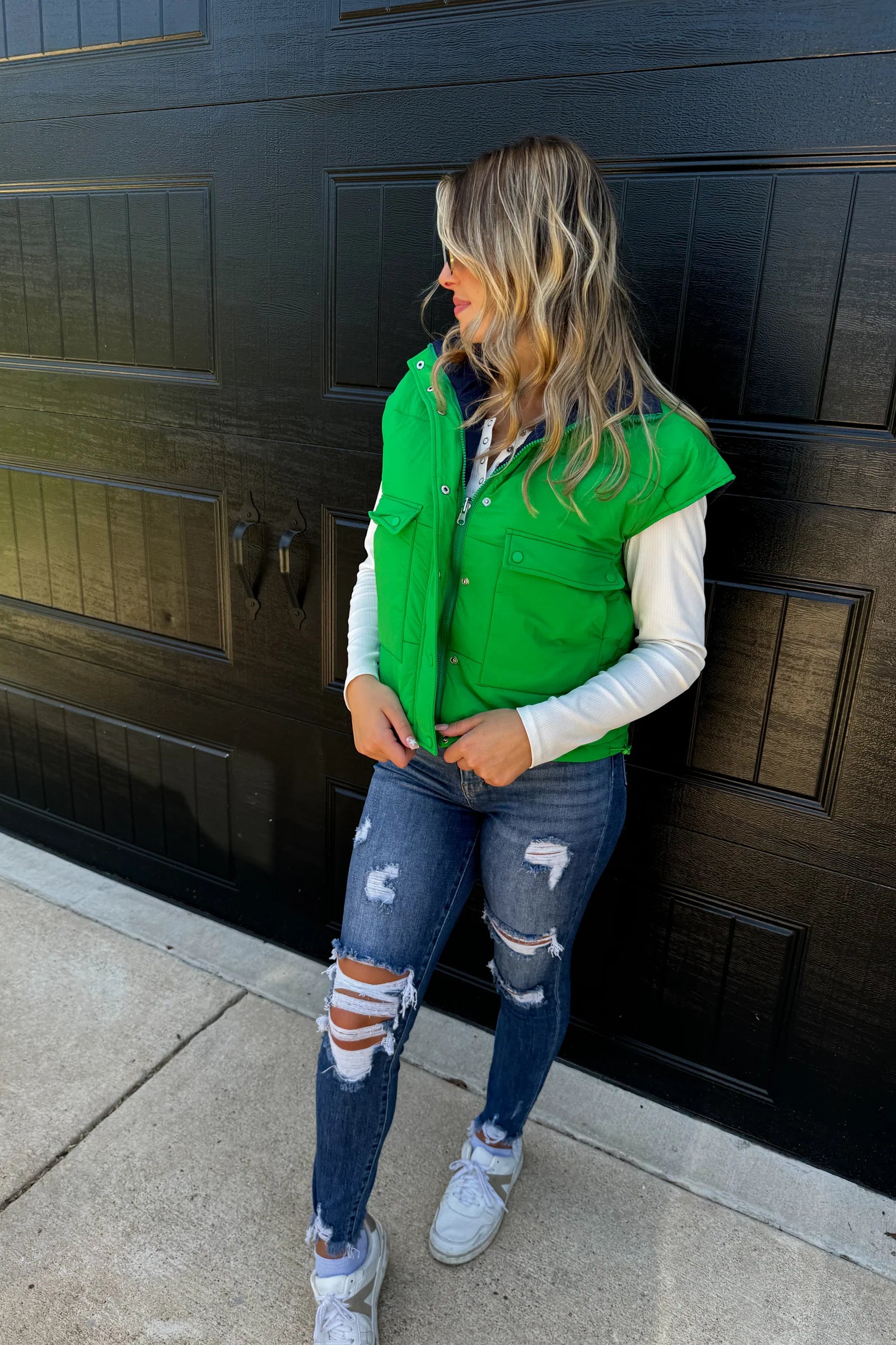 Stay Out All Night Reversible Puffer Vest - Navy/Green