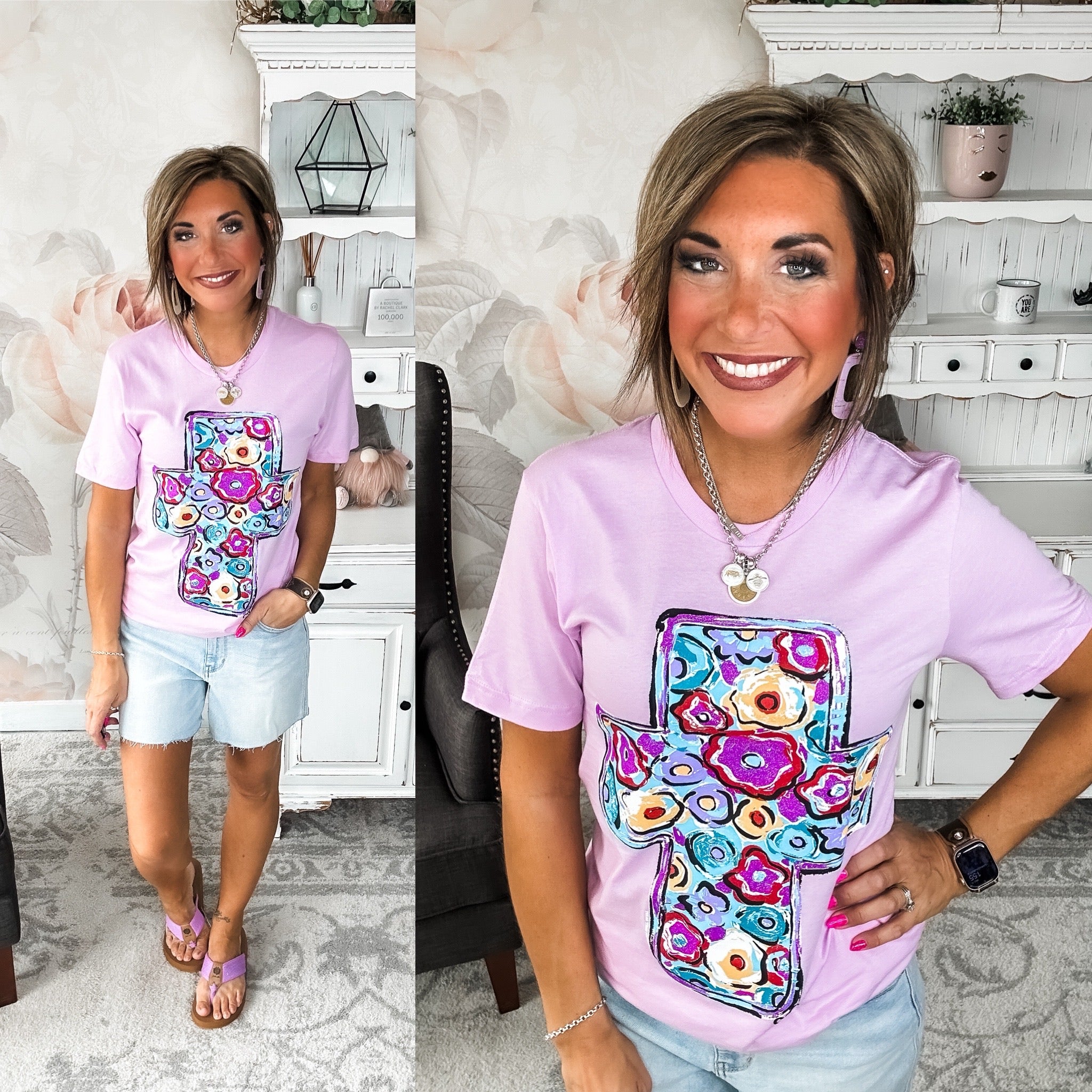 Purple Floral Cross Graphic Tee