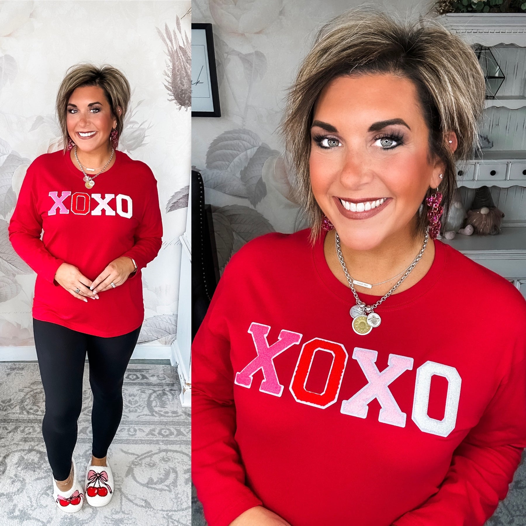 XOXO Boyfriend Long Sleeve Chenille Tee - Red