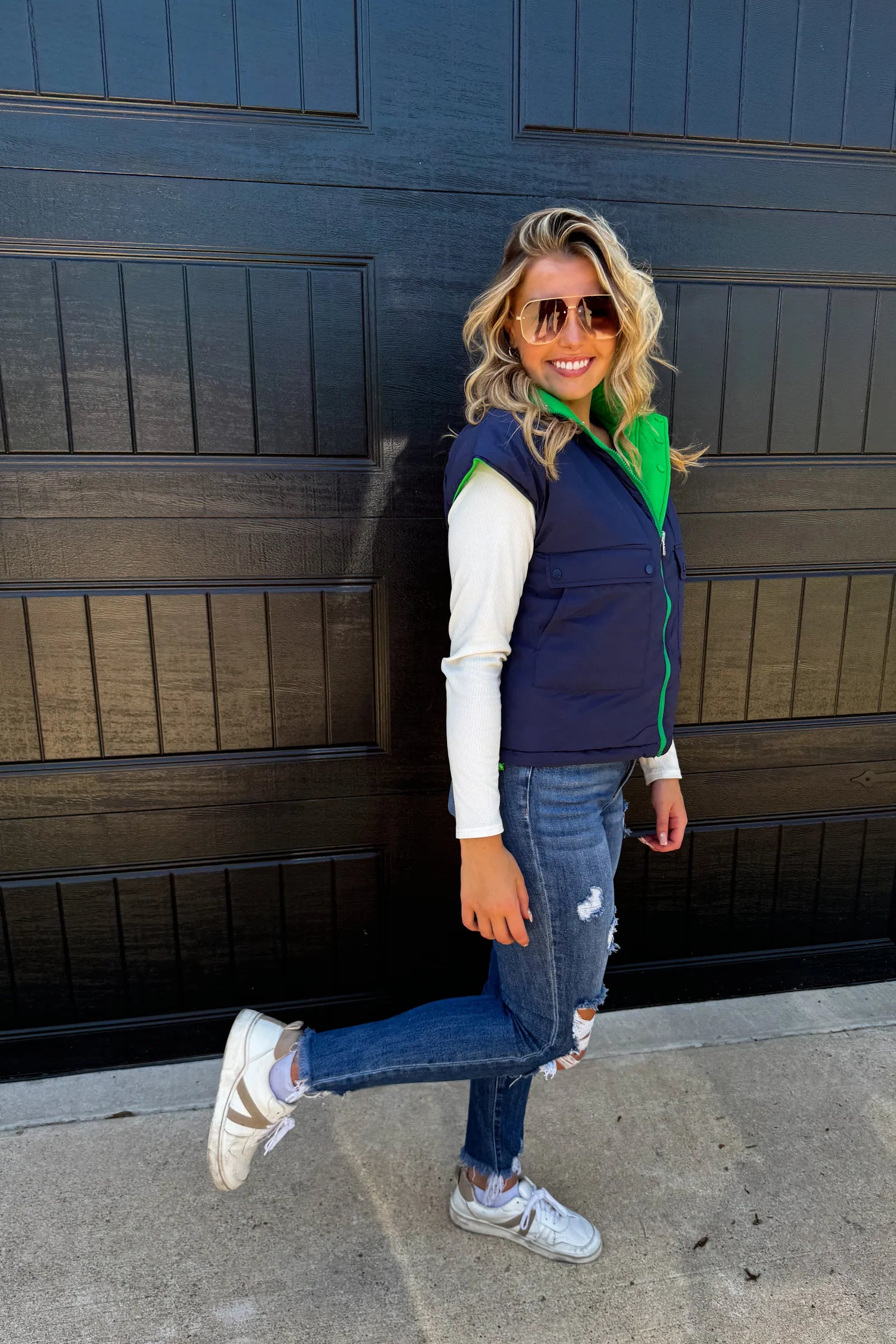 Stay Out All Night Reversible Puffer Vest - Navy/Green