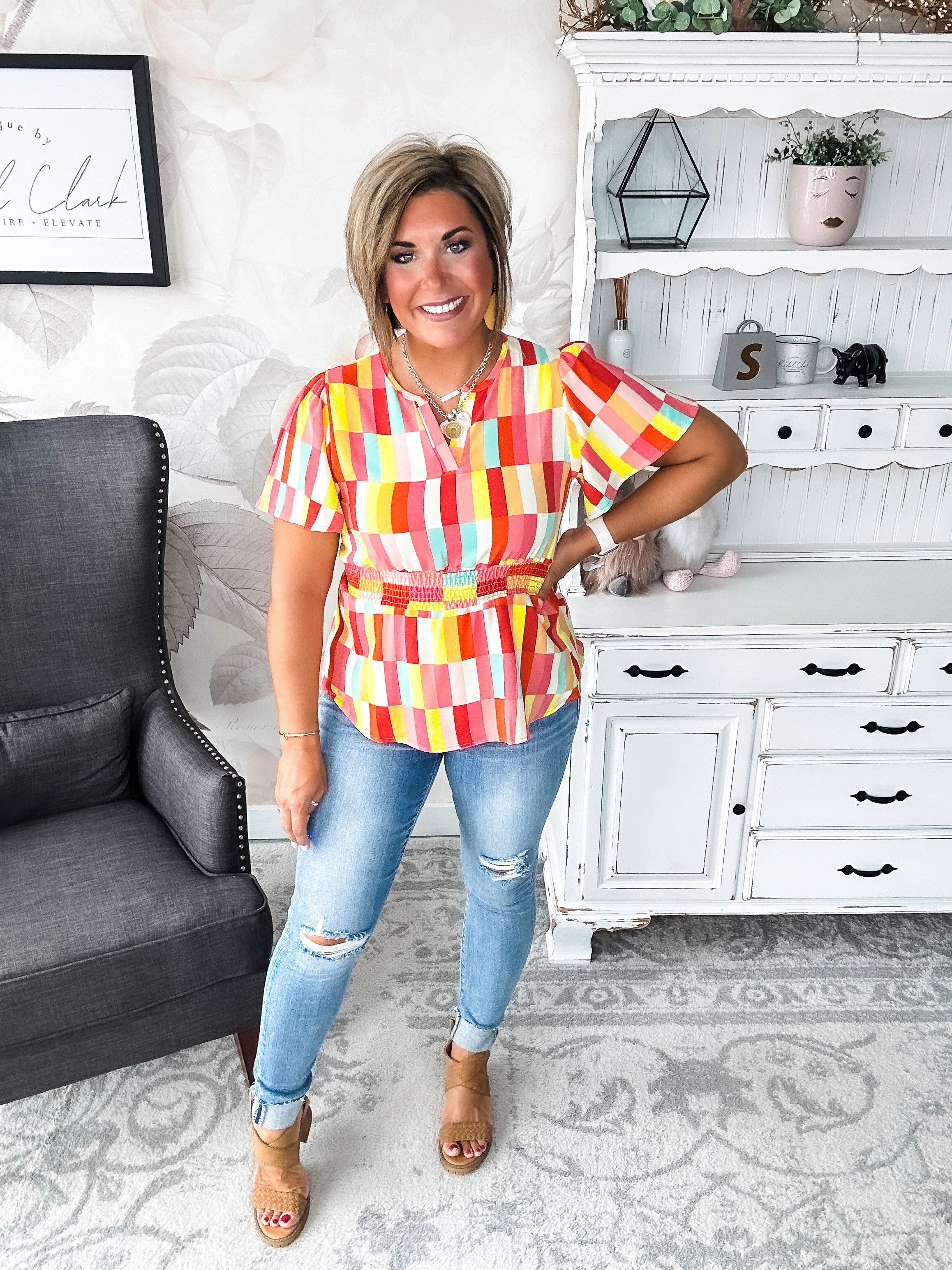 I Will Stay True Blouse - Red, Coral & Yellow
