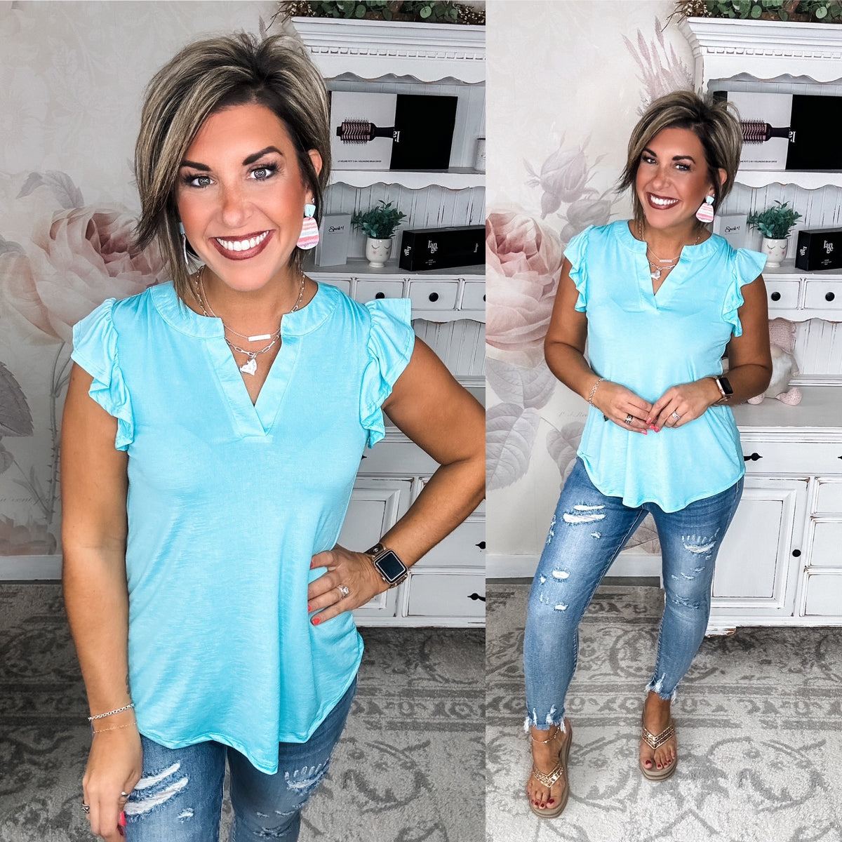 Figure It Out Ruffle Sleeve Top - Neon Blue