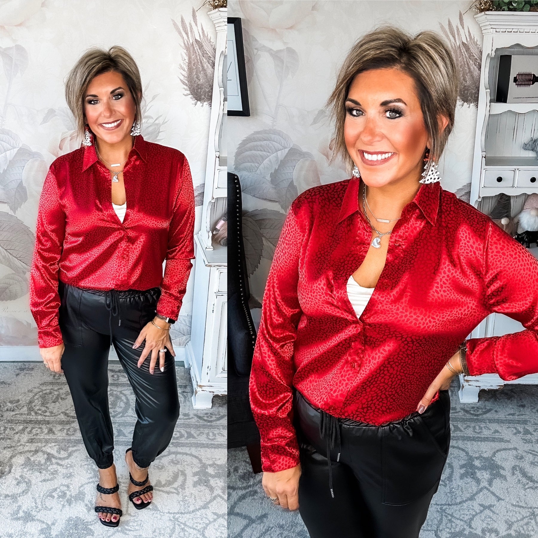 Stars Align Ditzy Dot Button Down - Ruby