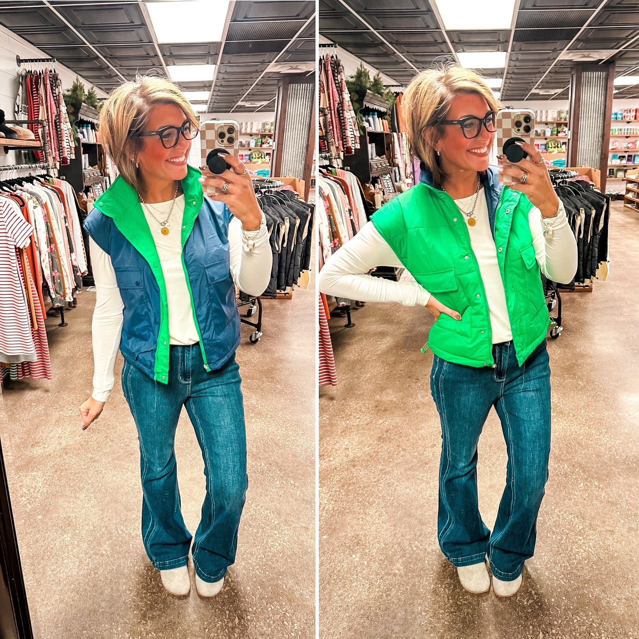 Stay Out All Night Reversible Puffer Vest - Navy/Green