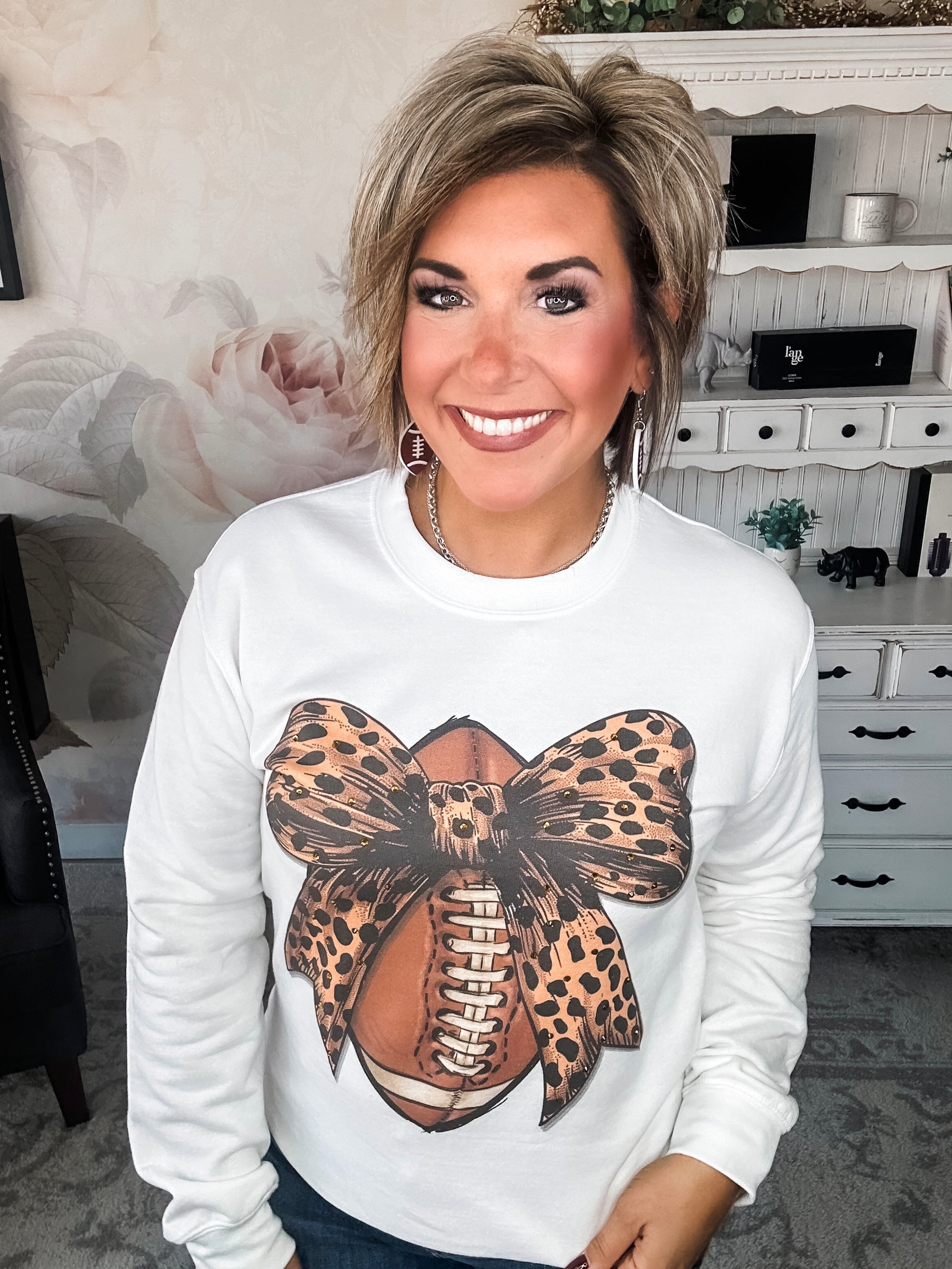 Football Cheetah Bow Rhinestone Graphic Sweatshirt