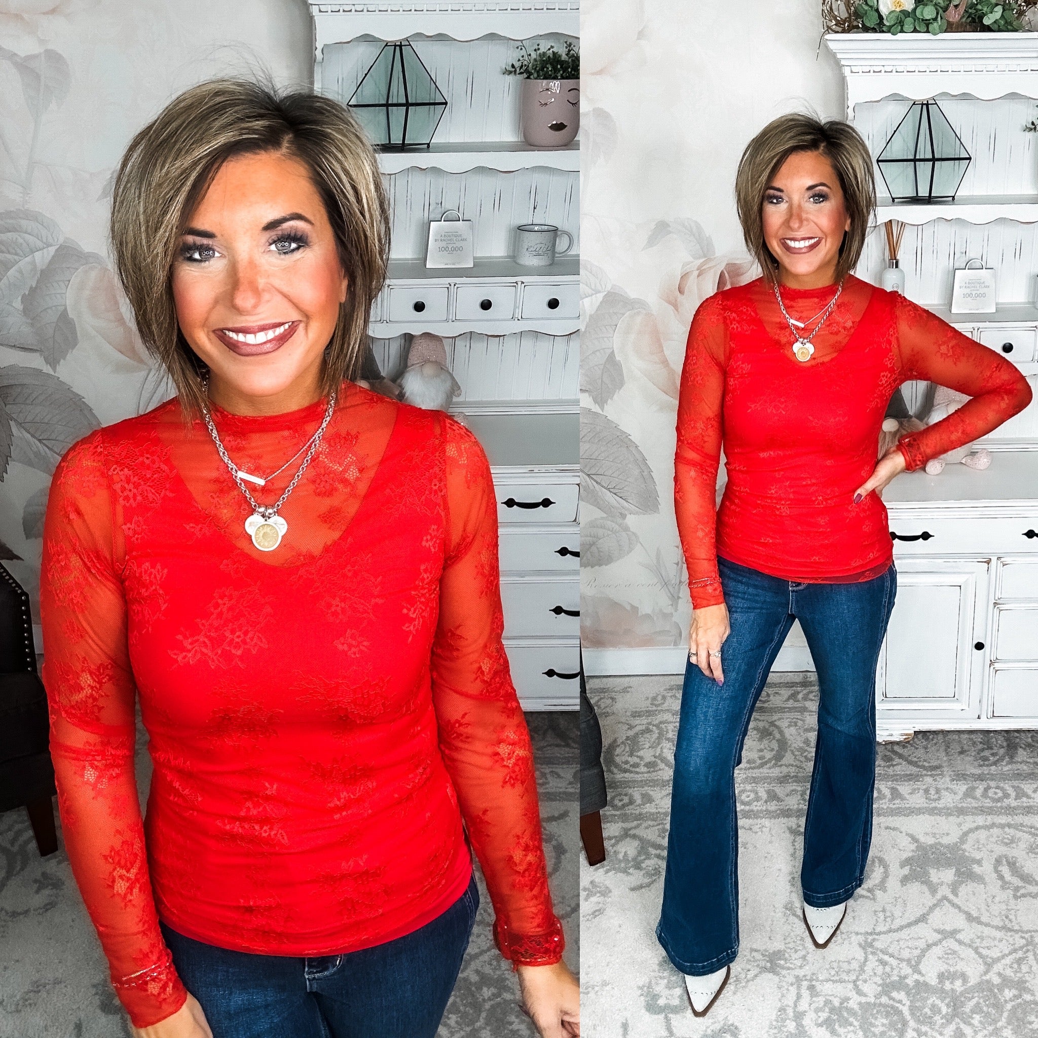 Sweetest Friend Mesh Lace Top - Red