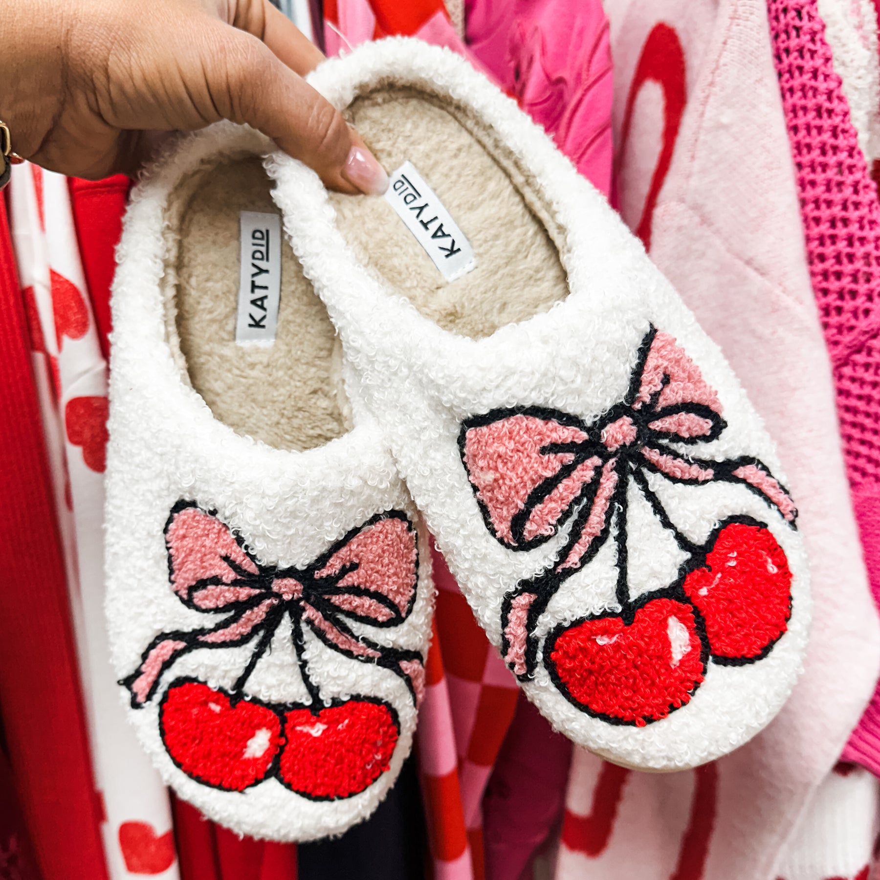 Cherry Bow Fuzzy Sherpa Slippers