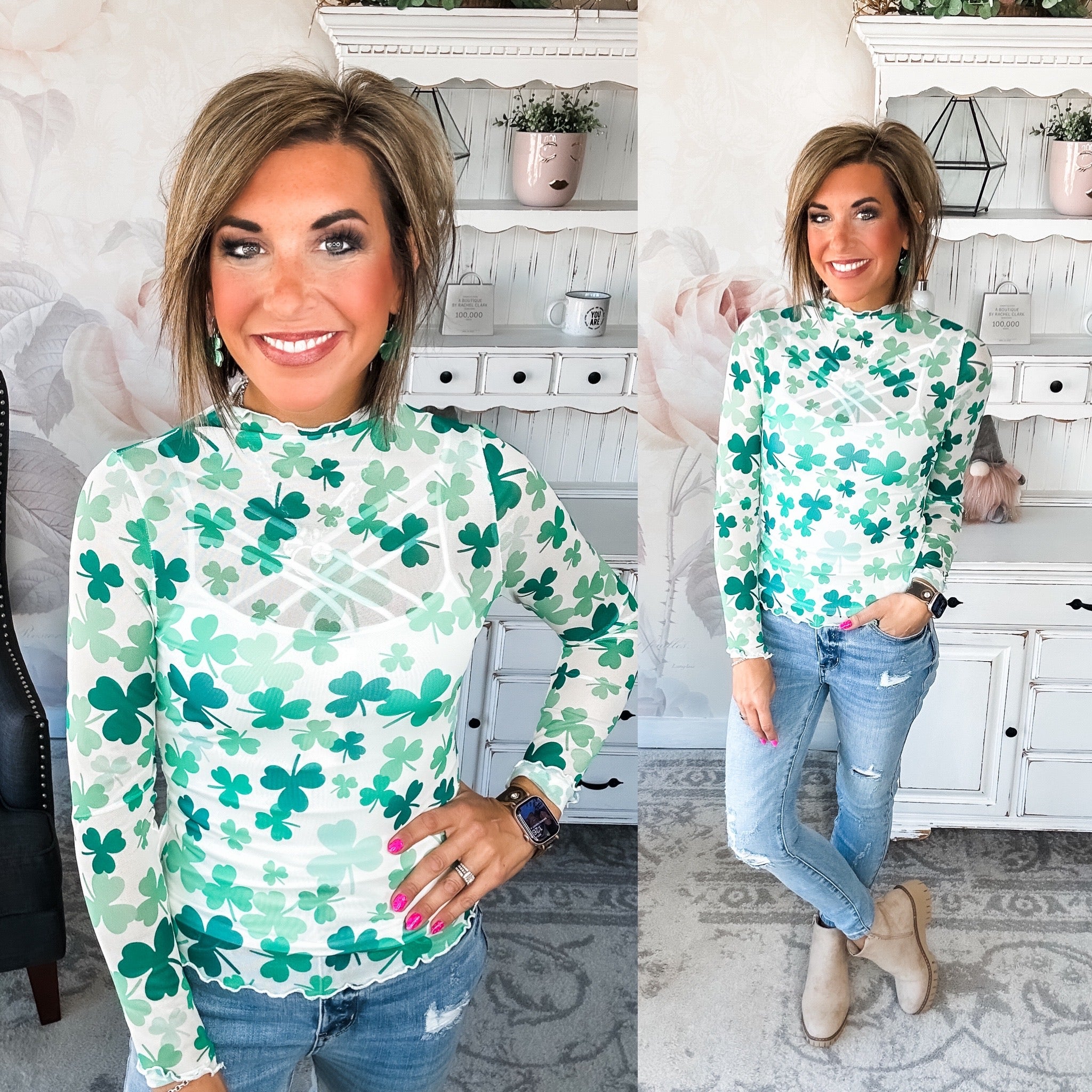 St Patty Mock Neck Mesh Top