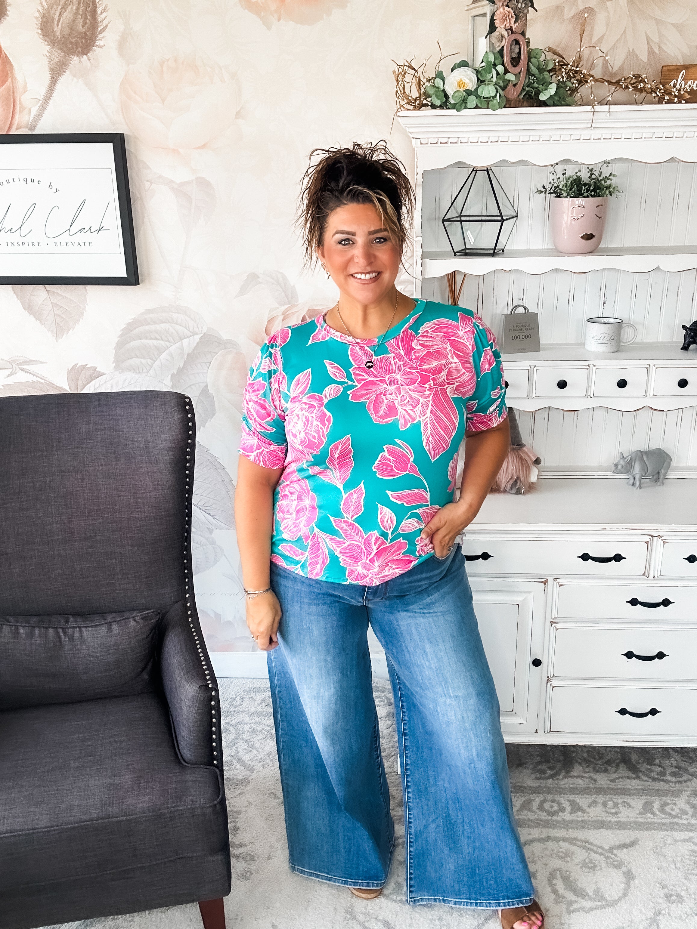 Enchanted To Meet You Top - Teal & Pink