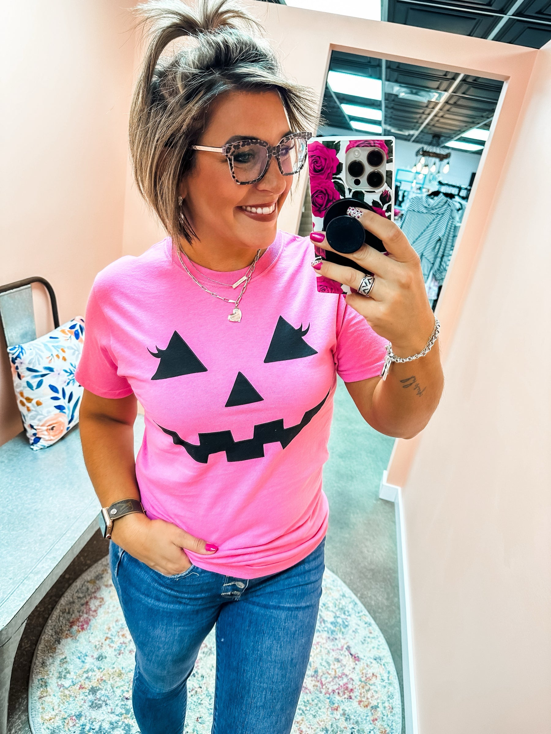 Pink Pumpkin Face Graphic Tee