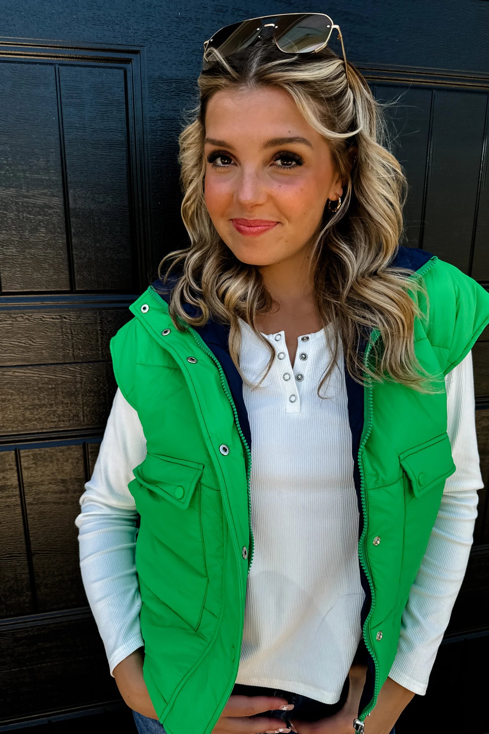 Stay Out All Night Reversible Puffer Vest - Navy/Green