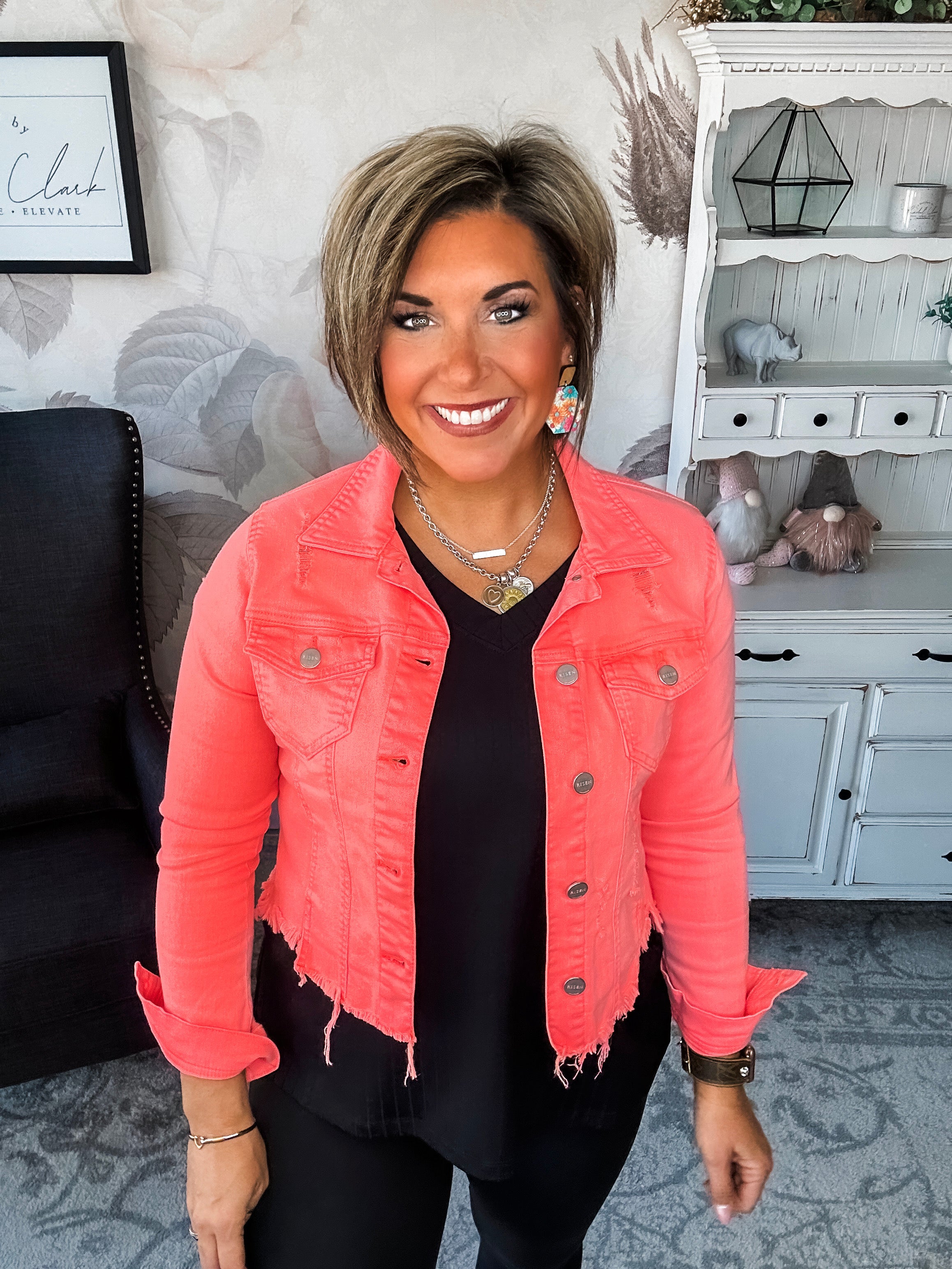 Make Me Happy Fray Hem Color Jean Jacket - Coral