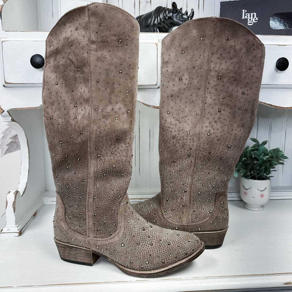 Crystal Studded Boot - Taupe
