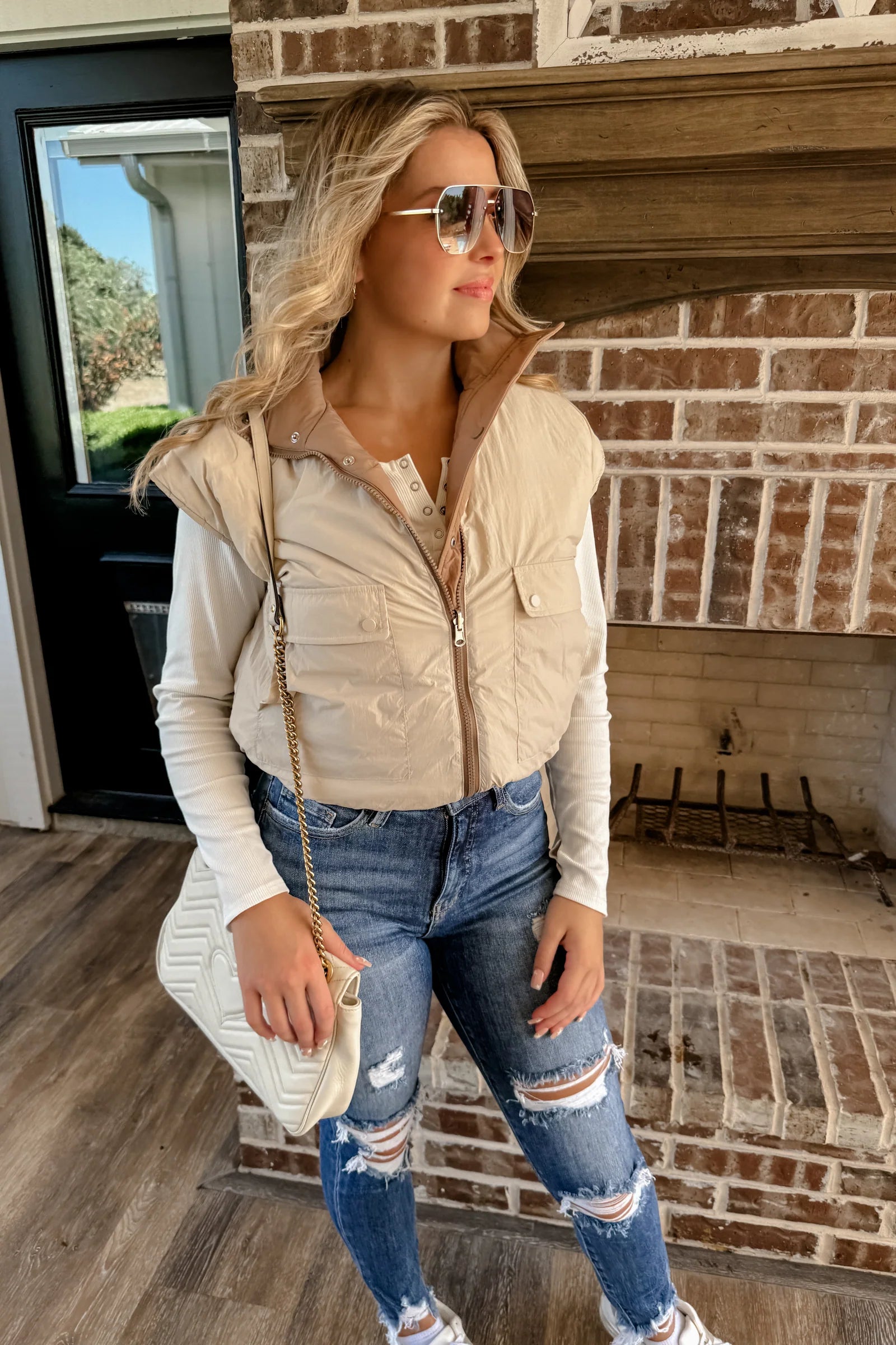 Stay Out All Night Reversible Puffer Vest - Tan/Ivory