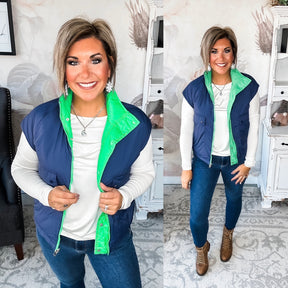 Stay Out All Night Reversible Puffer Vest - Navy/Green