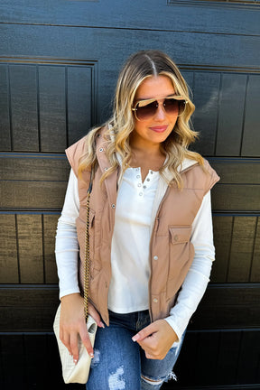 Stay Out All Night Reversible Puffer Vest - Tan/Ivory