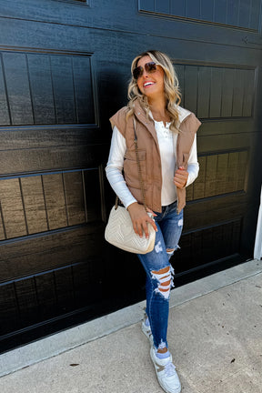 Stay Out All Night Reversible Puffer Vest - Tan/Ivory